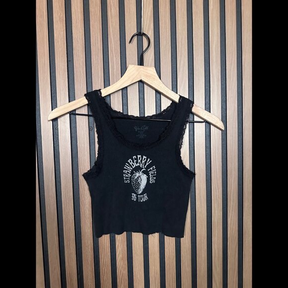 Y2K Brandy Melville Tank Top OS Black Ribbed Strawberry Fields 96' Tour Lace Hem - Picture 1 of 5